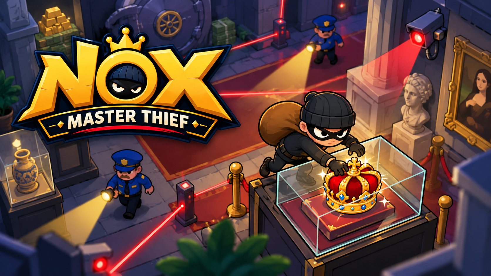 Nox – Master Thief: the thief lifts a crown from a glass case while guards and lasers guard the gallery
